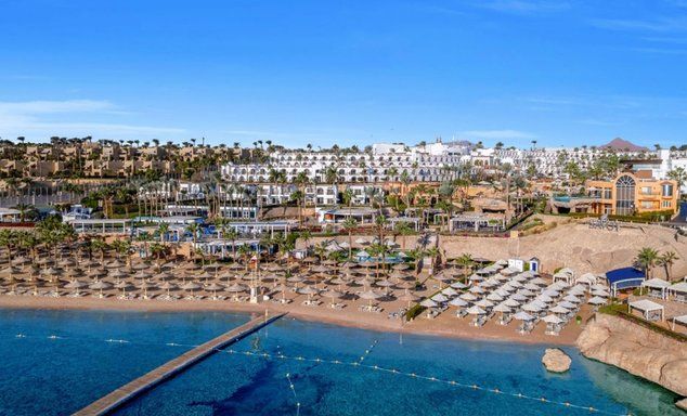 Aerial view of a coastal resort: sandy beach, sun loungers and umbrellas, palm-lined buildings, blue ocean, clear sky.