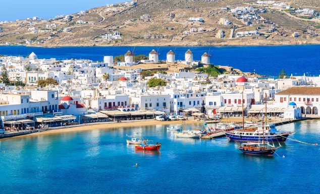 Traditional white houses along the shore in Mykonos Town