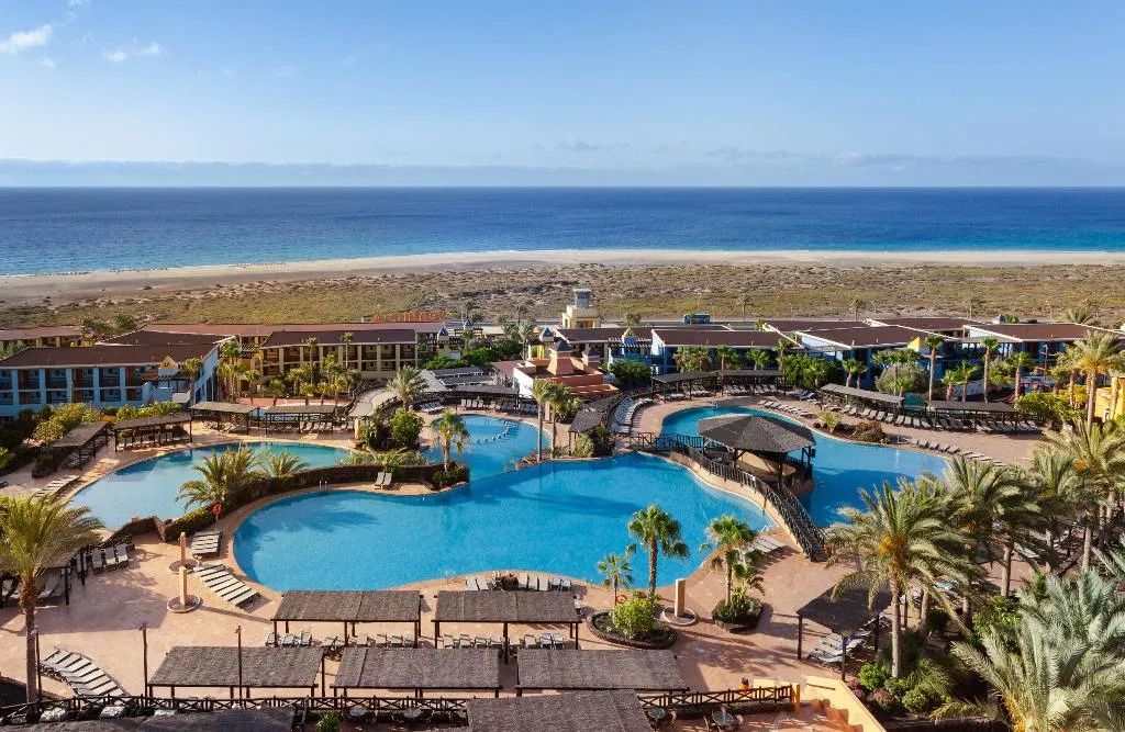 Aerial view of a beachfront resort with a large curving pool, palm trees, thatched shade areas and a sandy beach by the sea.