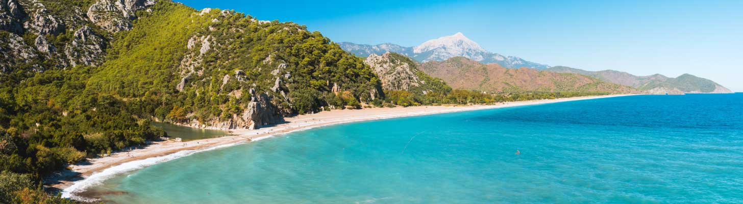 Sandy beach & blue waters of a beach in Antalya
