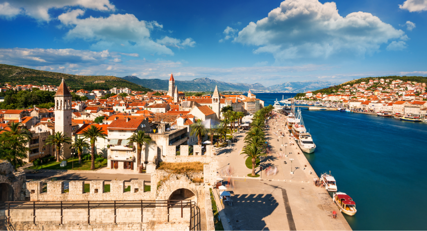 Trogir port wide angle showing boats along the quay