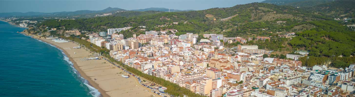 Aerial view of the beach & town of Pineda de Mar, Costa Brava