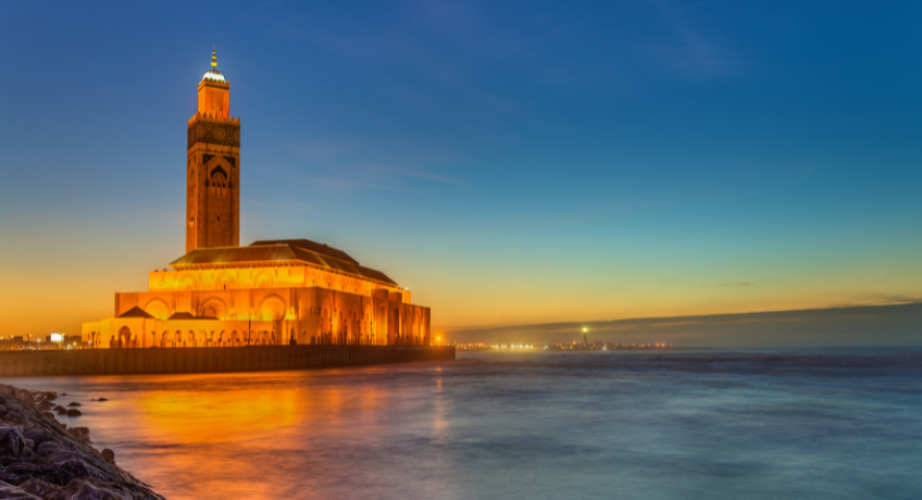 Hassan II Mosque in Casablanca, Morocco at dusk