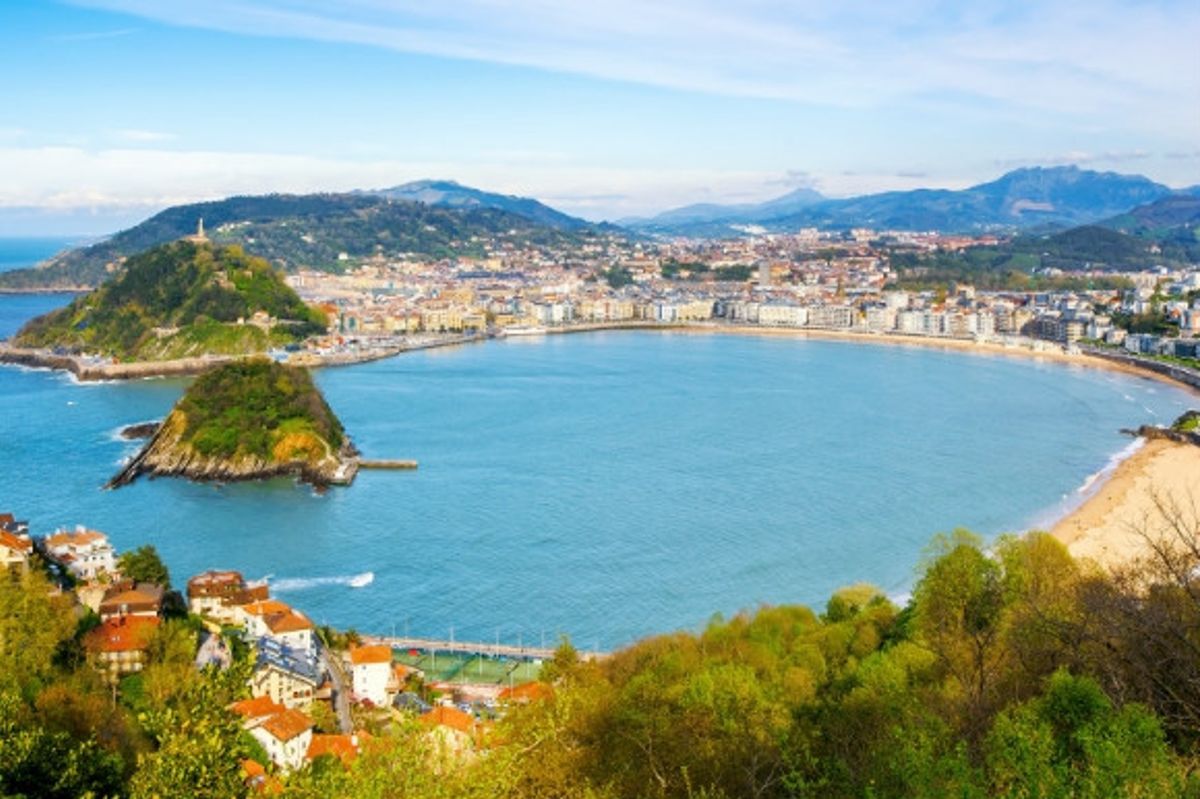 Dramatic views of the epic landscape of San Sebastian City and La Concha Bay in Spain