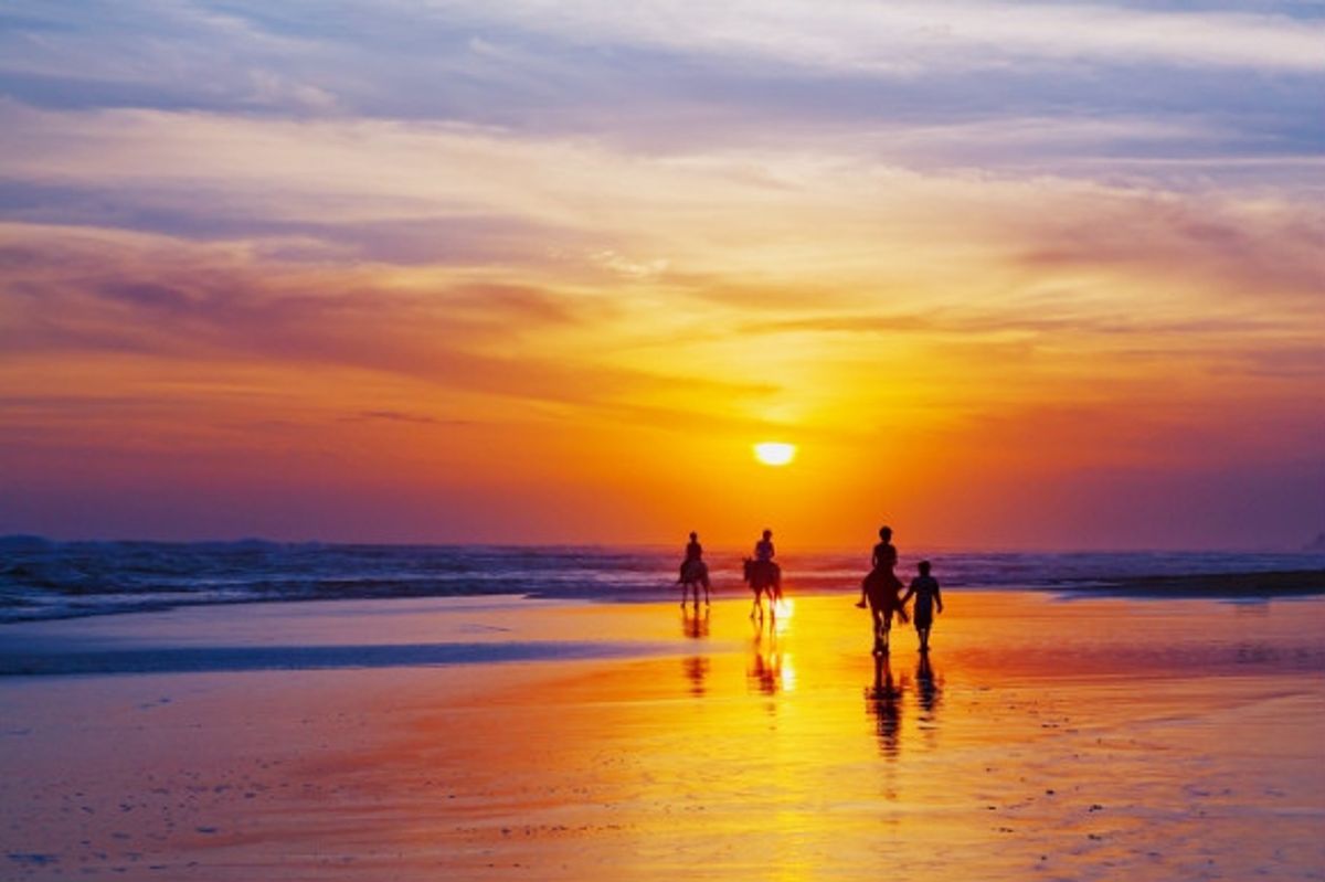 A family horse riding along the beach under the sunset.