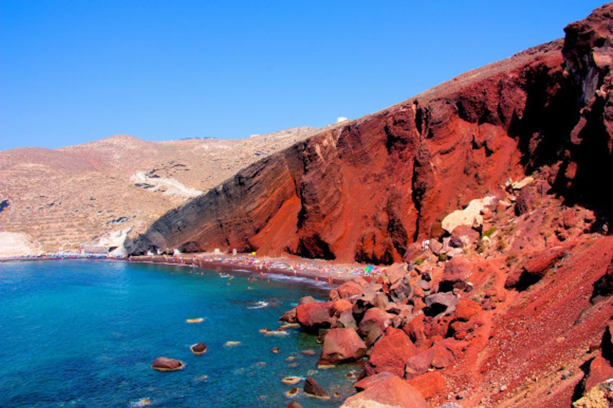 Red Beach in Santorini with its unique rose-coloured rocks and beautiful waters