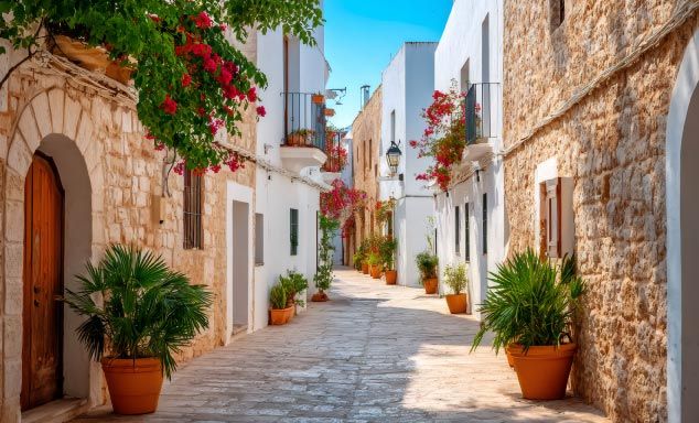 Traditional houses on a street in Menorca