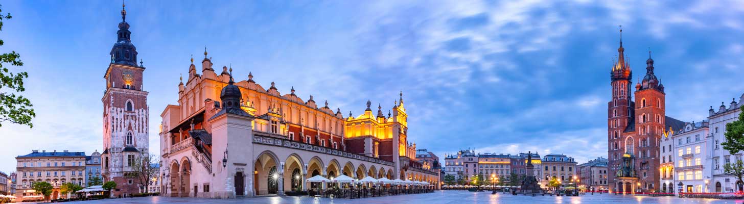 View of the market square at dusk in Krakow, Poland