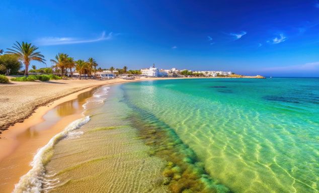 Golden sandy beach with crystal clear waters in Tunisia