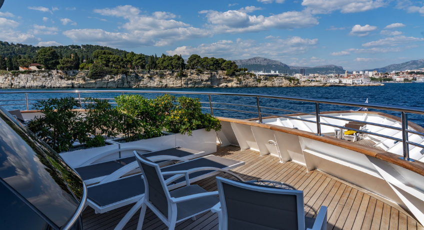 View of the coastline from one of the viewing decks with sun loungers and chairs
