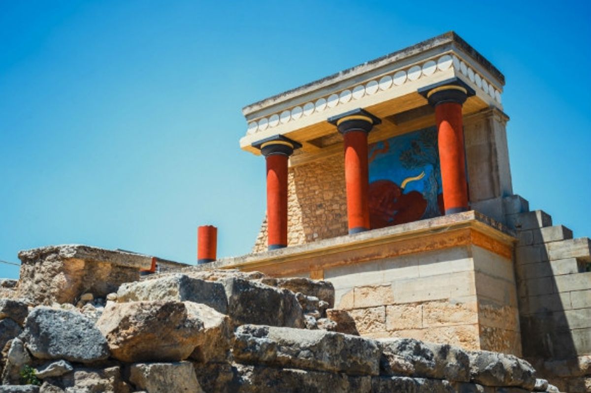 Scenic ruins of the Minoan Palace of Knossos on Crete, Greece