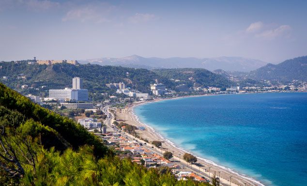 Aerial view of the beach in Ixia, Rhodes