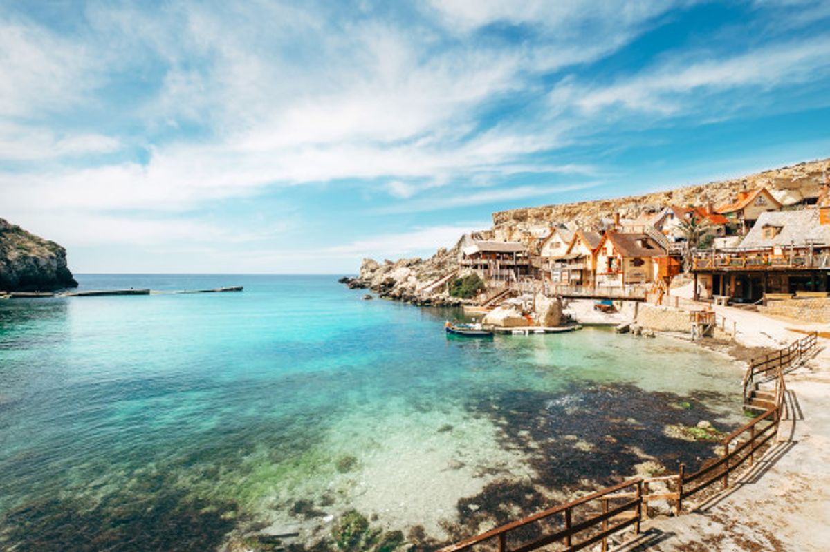 Sweeping view of Popeye Village from the bridge in Mellieha Malta