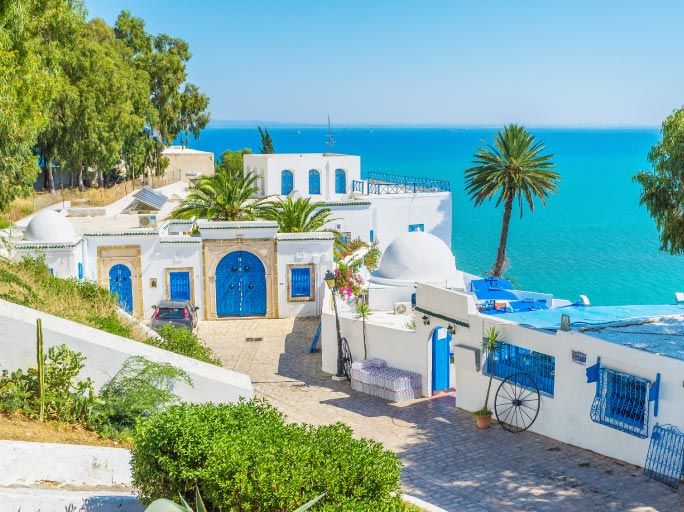 Traditional blue & white buildings in Tunisia