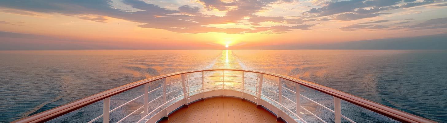 Bow of a ship sailing towards the setting sun