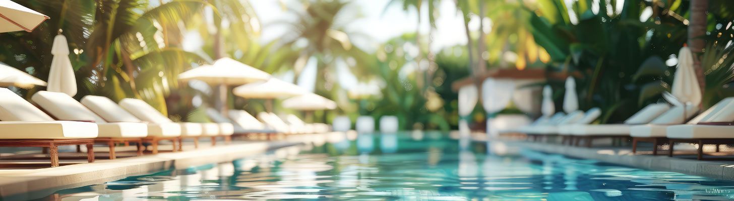Sunbeds, palms trees & umbrellas round a swimming pool