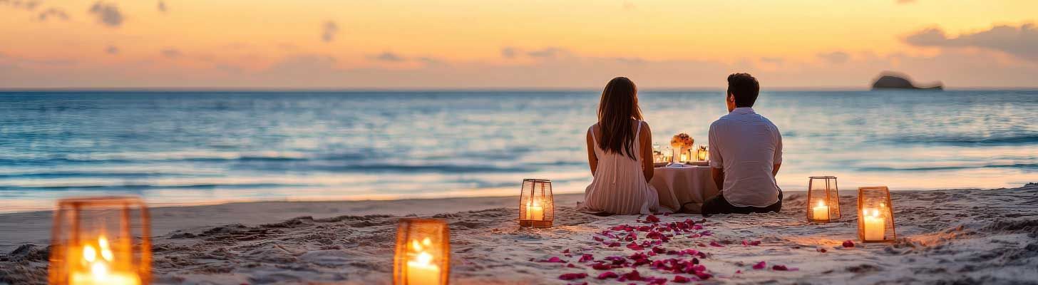 Couple sitting on a beach with candles & rose petals