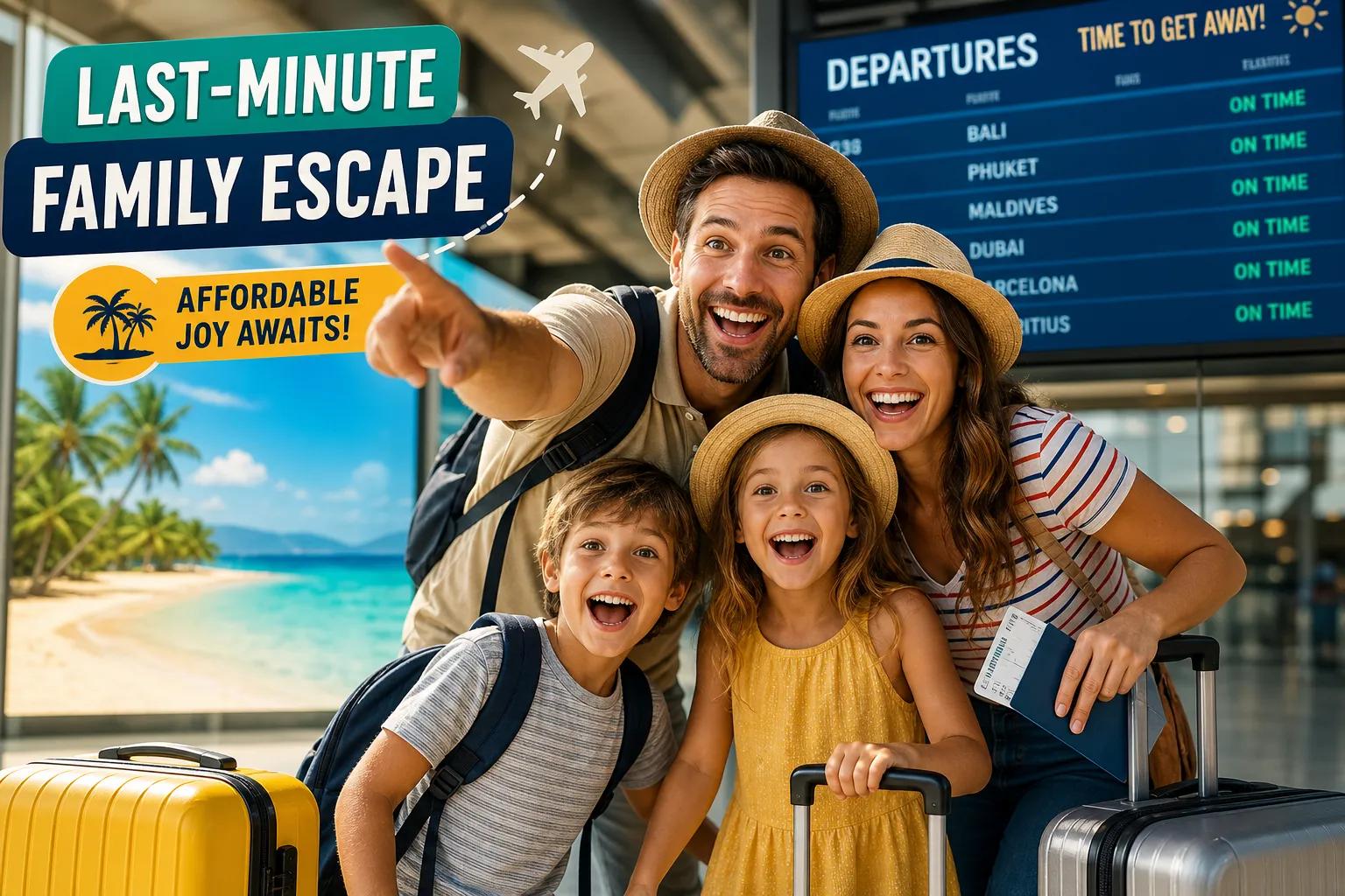 This family are at the airport about to go on holiday after finding out what are the best last minute holiday options for families on a budget