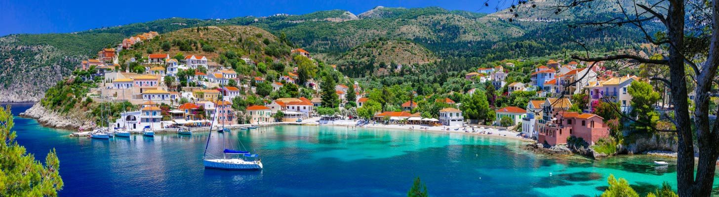 Turquoise sea of Assos bay in Kefalonia, Greece