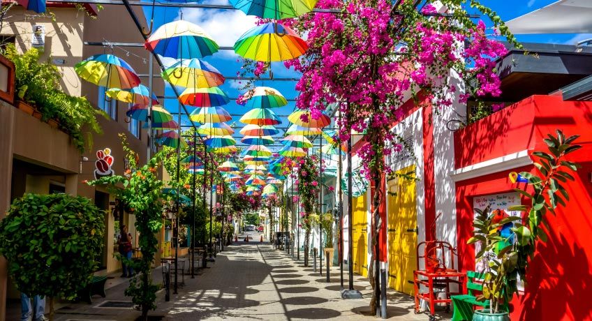 Umbrellas above a street in Puerto Plata, Dominican Republic