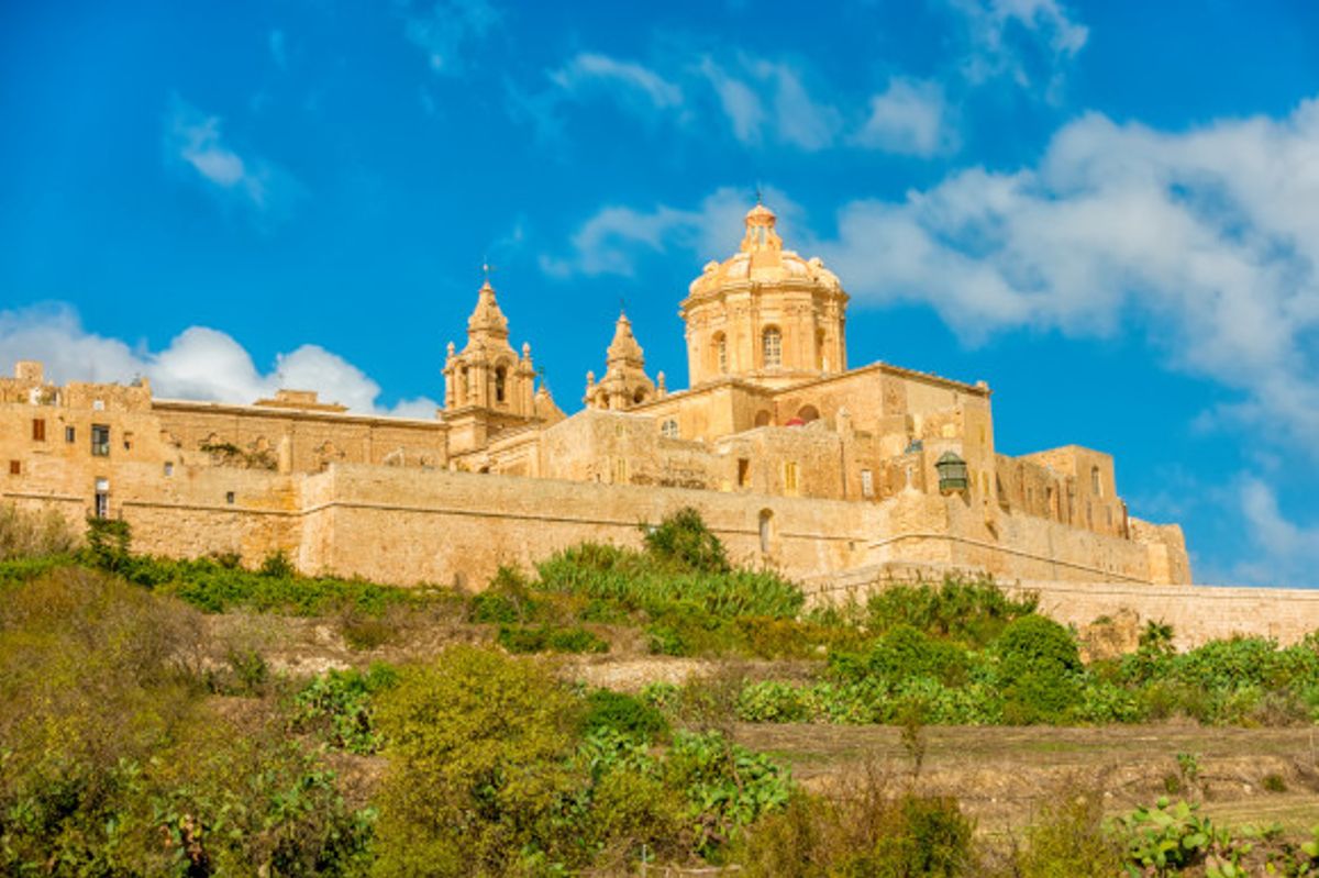 The architectural wonder of St Paul's Cathedral standing proudly on the hilltop in Mdina Malta 