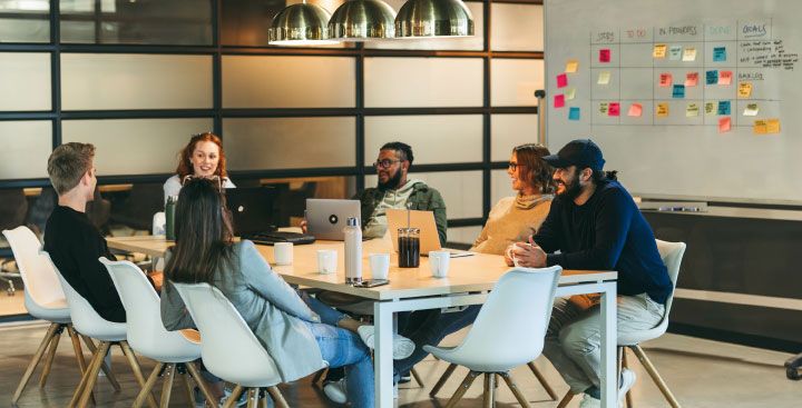 Digital team office meeting with Kanban board