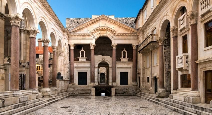 View of historic buildings with marble flooring