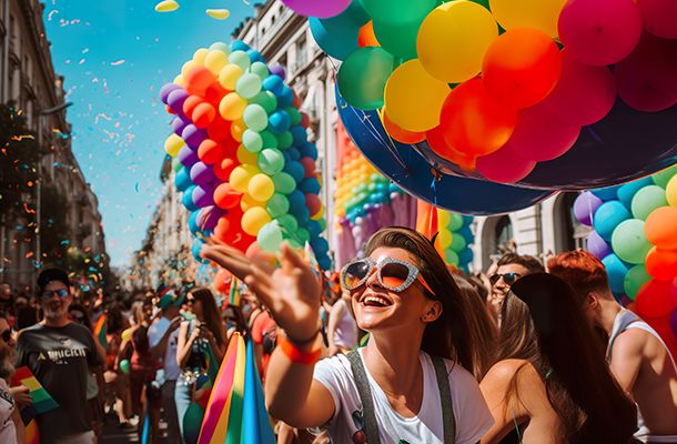 Brightly coloured balloons & people partying at Gay Pride