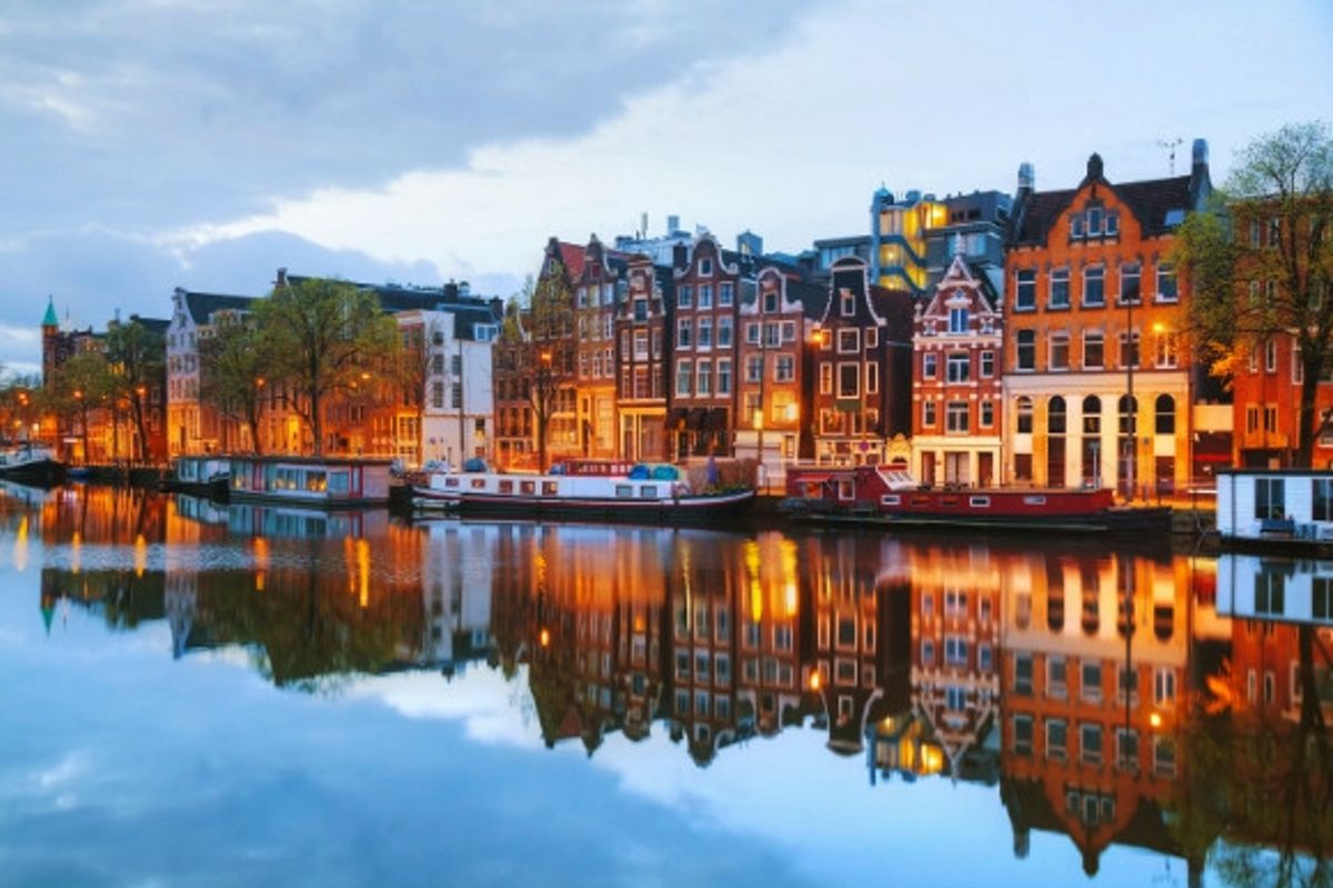 Night views along the canal in Amsterdam in the Netherlands.