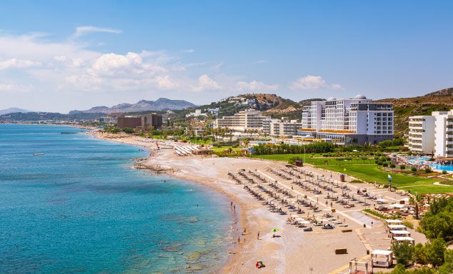 Hotels line the beach in Faliraki, Rhodes