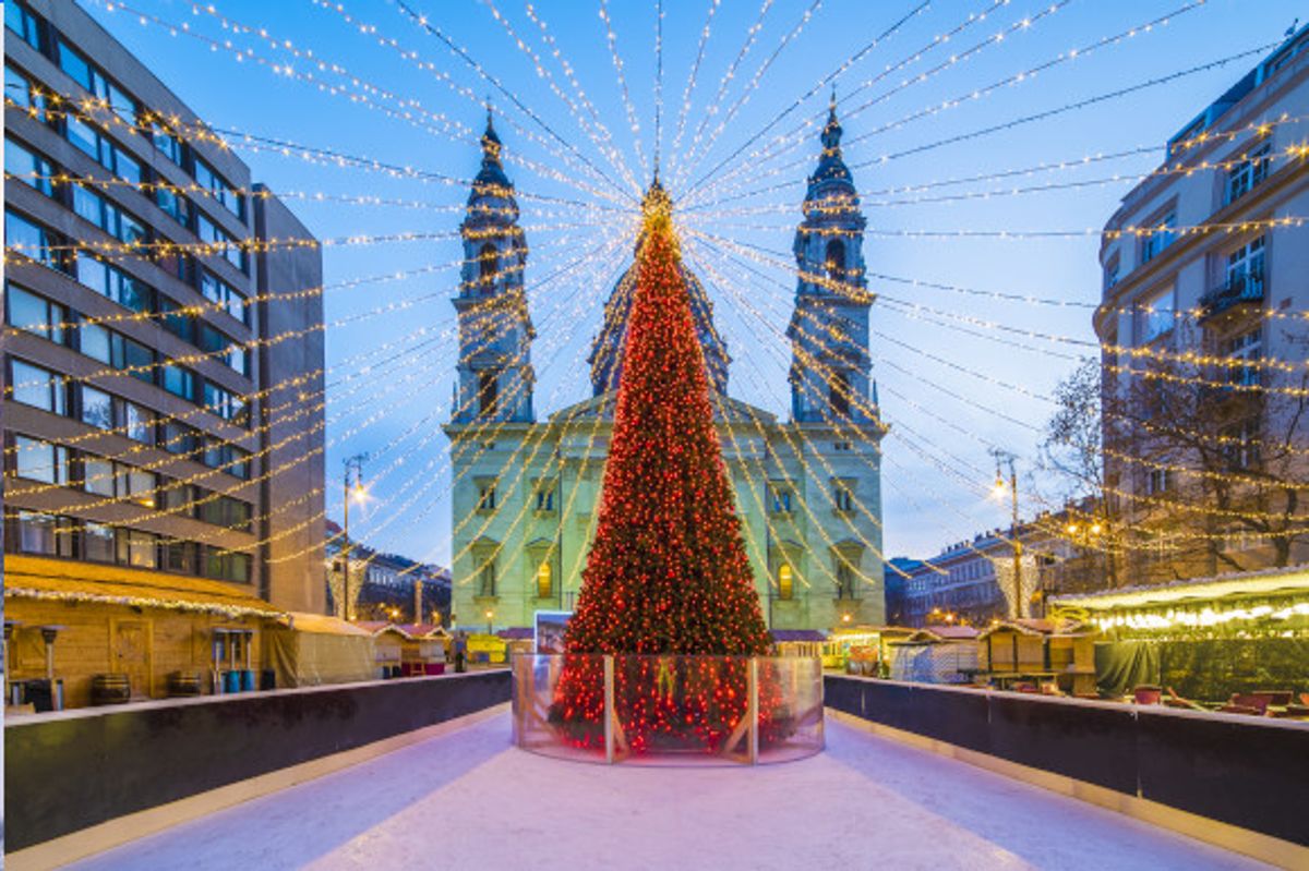 Christmas market stalls at Saint Stephen Basilica Square in Budapest