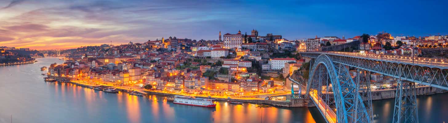 Panoramic cityscape of Porto at sunset