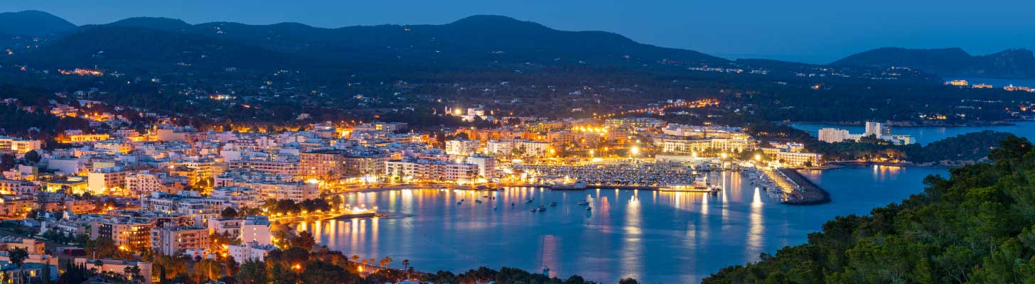 Aerial view of Santa Eulalia in Ibiza at night