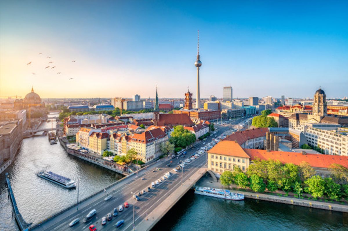 Views from Berlin Parliament building of the city centre and iconic TV tower as dusk is about to fall