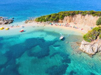 Turquoise sea & golden sands of a beach in Albania