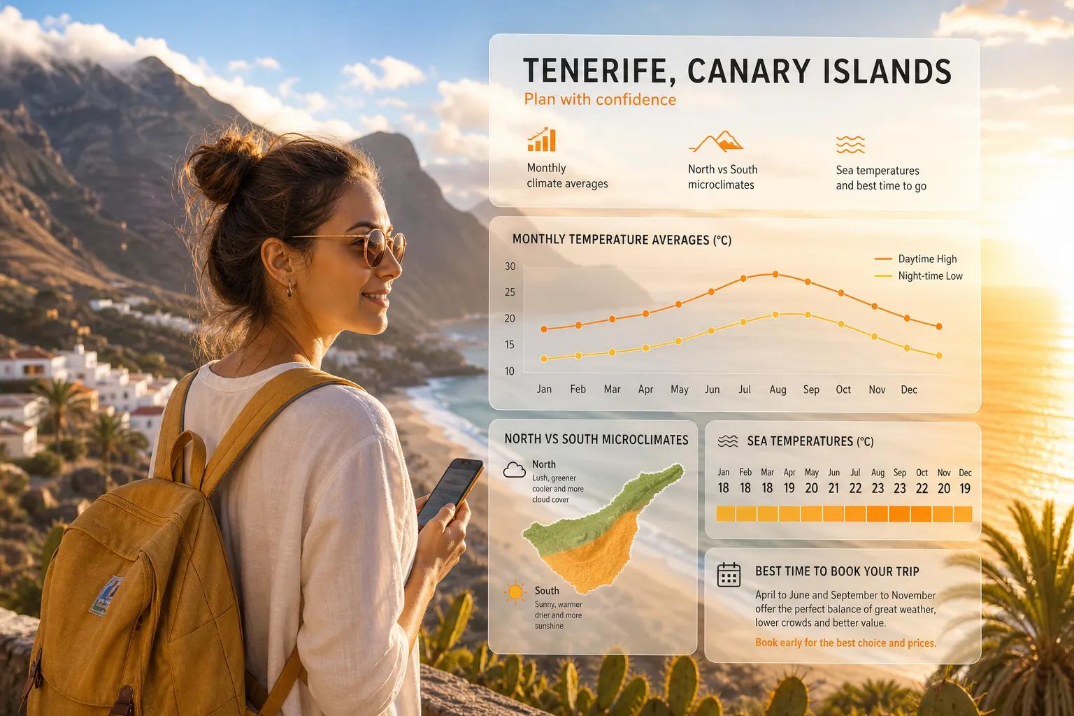 A tourist looks at a Tenerife weather guide whilst walking near a beach on the island.