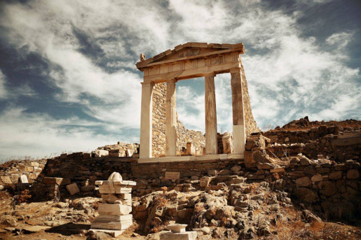 The UNESCO World Heritage Site Temple in Delos surrounded by ancient rock ruins