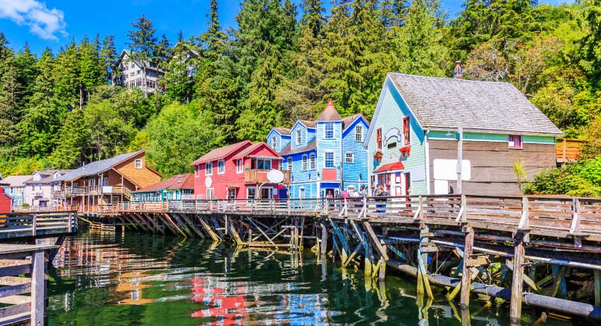 Traditional wooden houses along the shore in Ketchikan Alaska