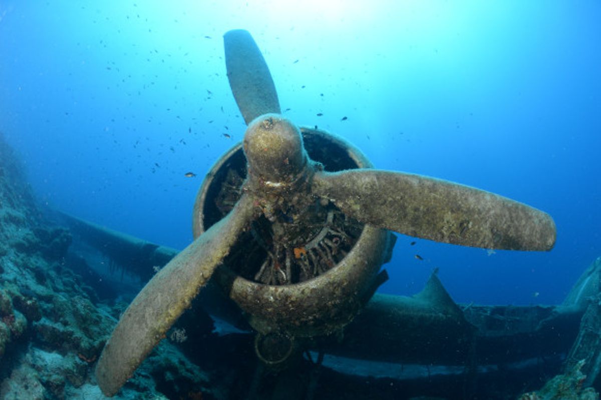 The wreckage of Dakota C47 plane from the Turkish Air Force on the seabed of Turkey and eroding away