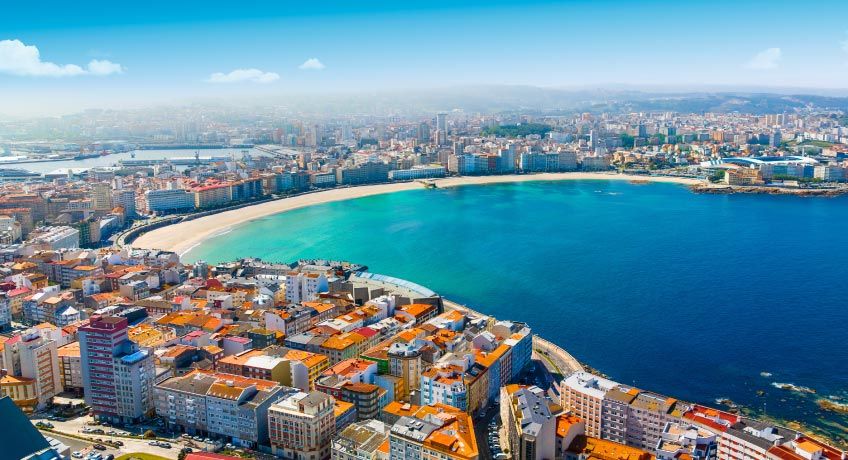 Aerial view of the coastline in La Coruna, Spain