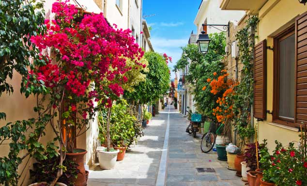 Street in Rethymnon lined with plants & flowers