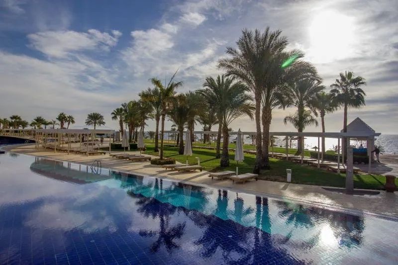 Resort pool reflecting palm trees and a bright sky, with sun loungers on a lawn and the sea in the background.