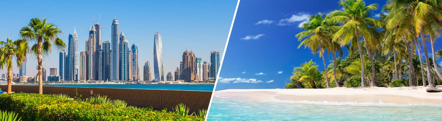 City skyline & the white sands & palm trees of a tropical island