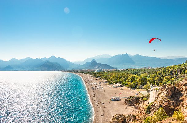Paraglider over a beach in Turkey