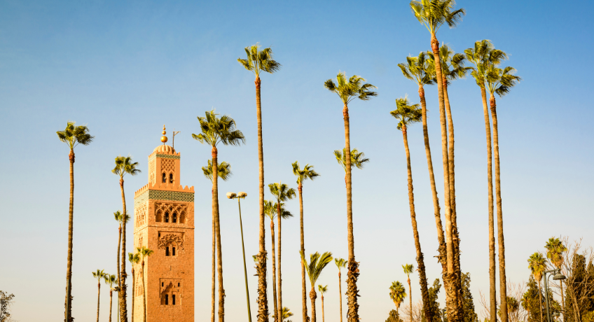 Marrakech mosque tower with palm trees
