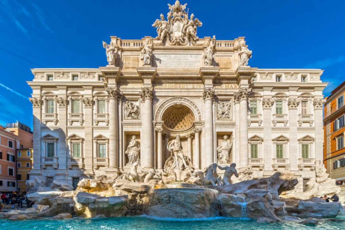 The archaeological wonder known as the Trevi Fountain in Rome on a sunny day