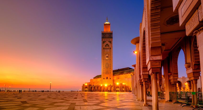 The Hassan II Mosque in Casablanca at sunset