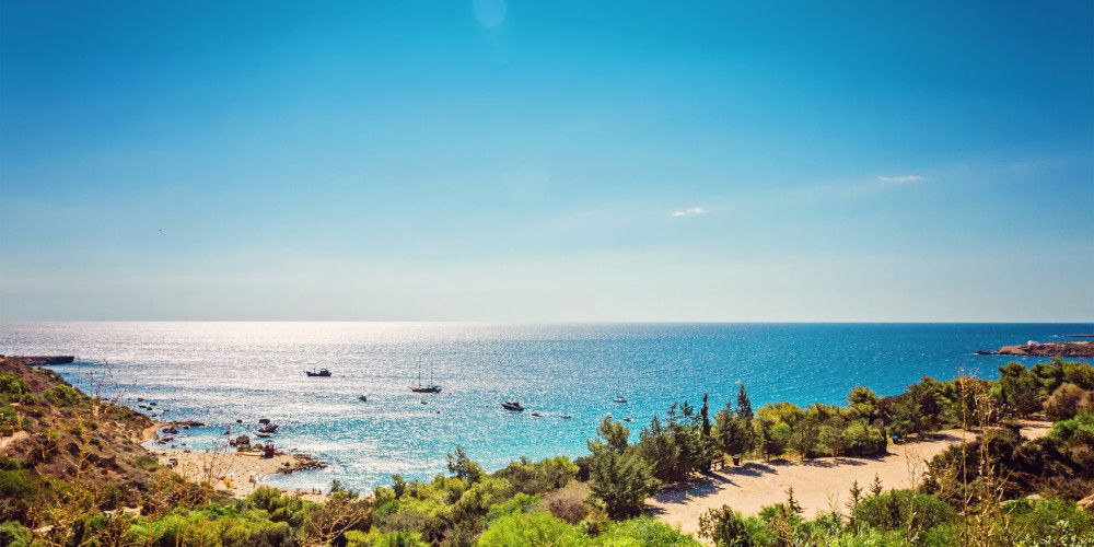 A far-stretching view of Konnos Beach in Protarus dotted with greenery