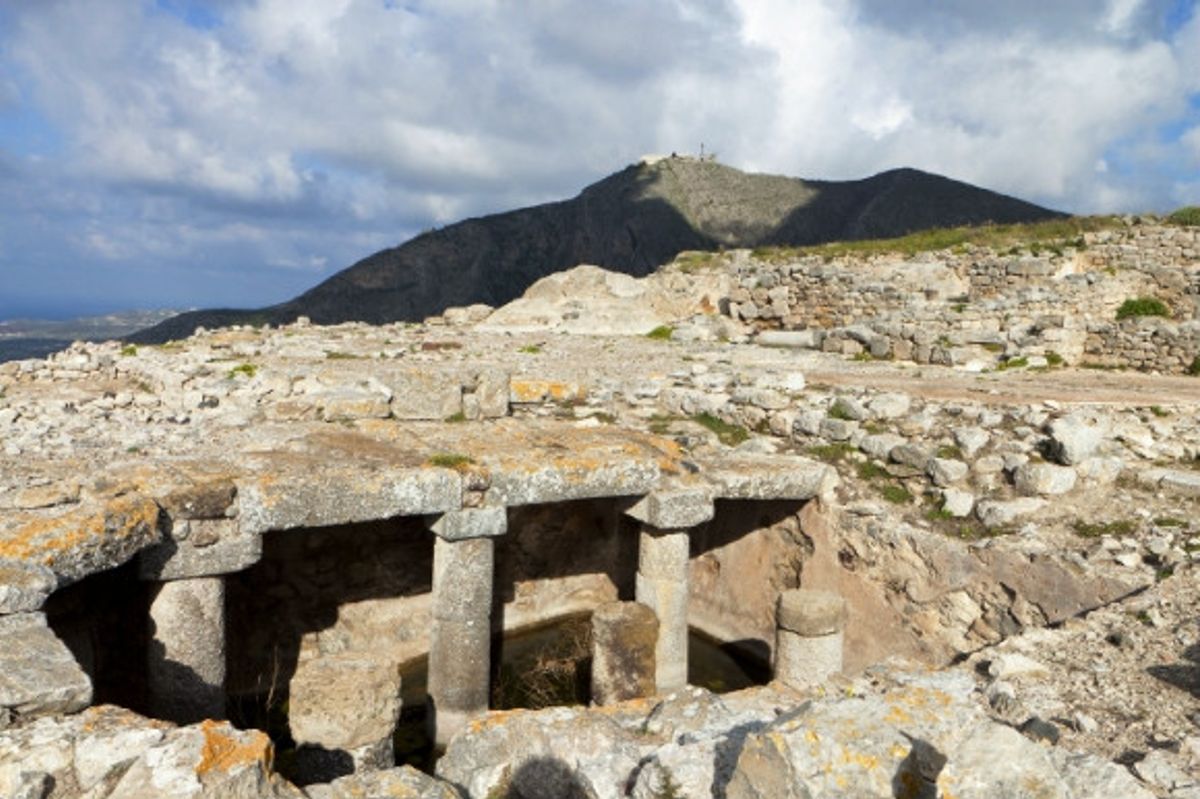 The medieval ruins of ancient Thira in Santorini Greece.