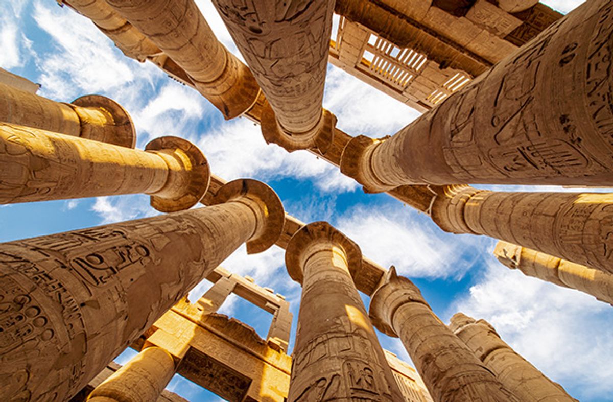 Upwards view of columns in Luxor Egypt